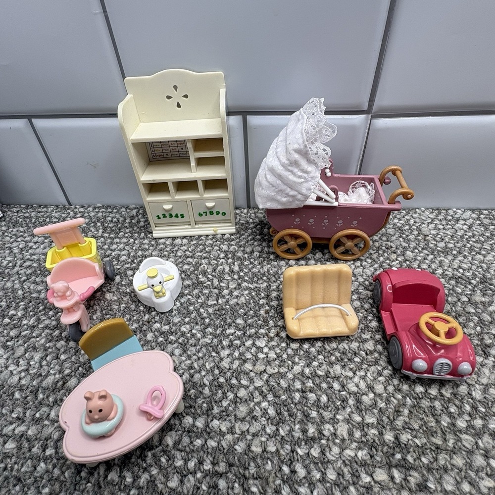 Calico Critters Furniture Baby Nursery Set Carriage Shelf Table Car Trike Enoch